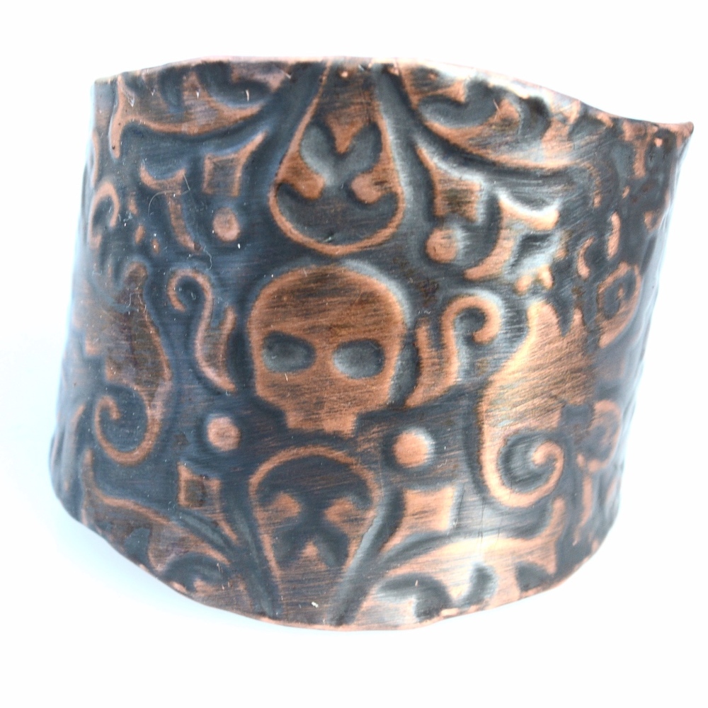 Embossed Skull Solid Copper Biker Cuff Bracelet - image 1